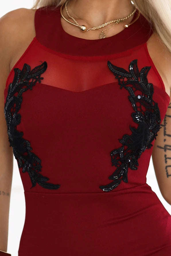 
Damen Maxi Meerjungfrauenkleid und schwarzer Spitze von Numoco
 weinrot Ausschnitt