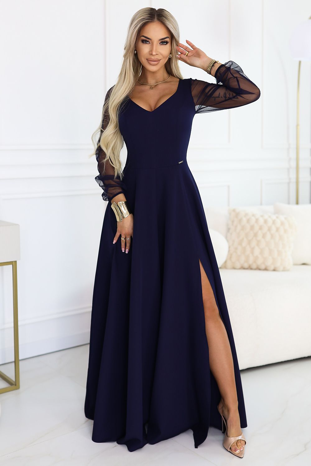 Damen Maxikleid Abendkleid mit Tüllärmel von Numoco marineblau