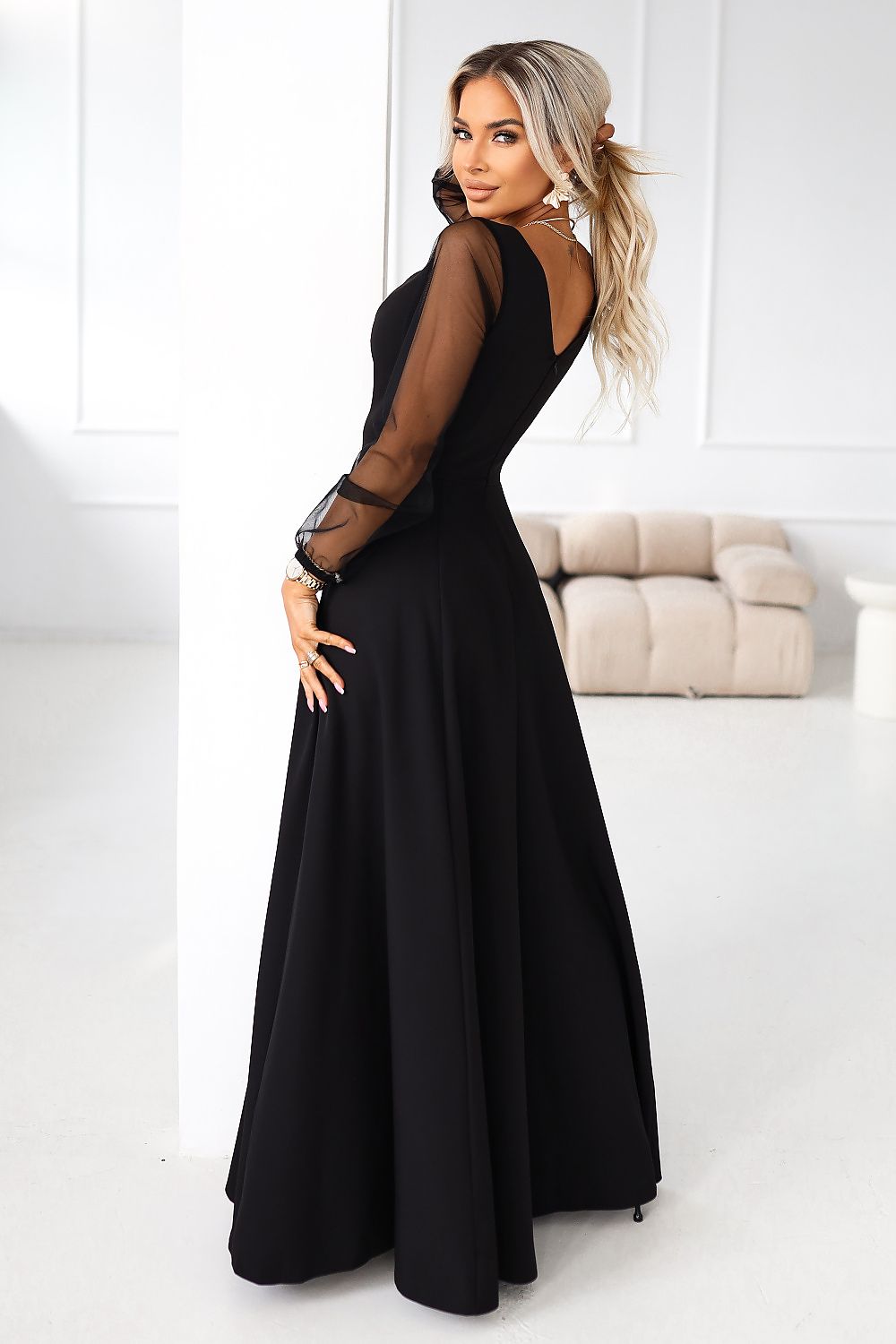 Damen Maxikleid Abendkleid mit Tüllärmel von Numoco schwarz Seitenansicht