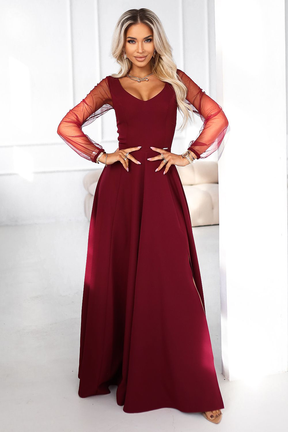 Damen Maxikleid Abendkleid mit Tüllärmel von Numoco weinrot