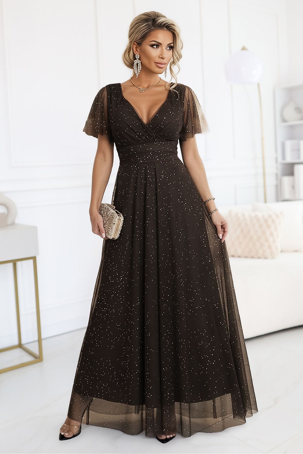 Damen Maxikleid Abendkleid mit V-Ausschnitt von Numoco Basic braun