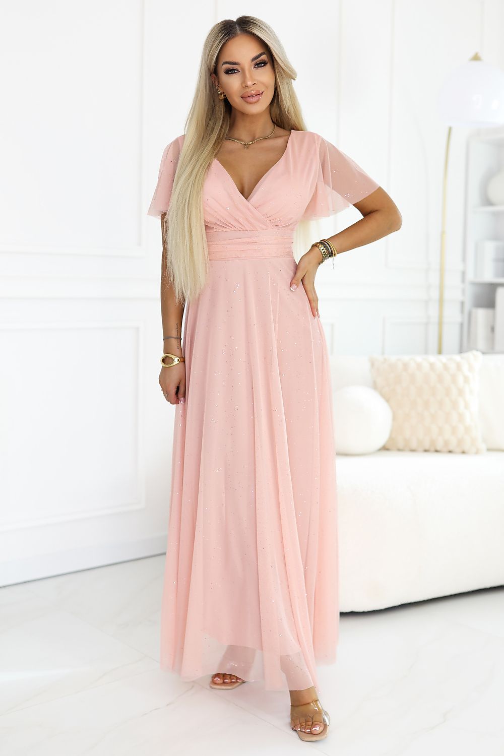 Damen Maxikleid Abendkleid mit V-Ausschnitt von Numoco Basic rosa