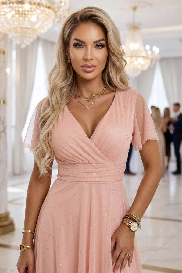 Damen Maxikleid Abendkleid mit V-Ausschnitt von Numoco Basic rosa Ausschnitt vorne
