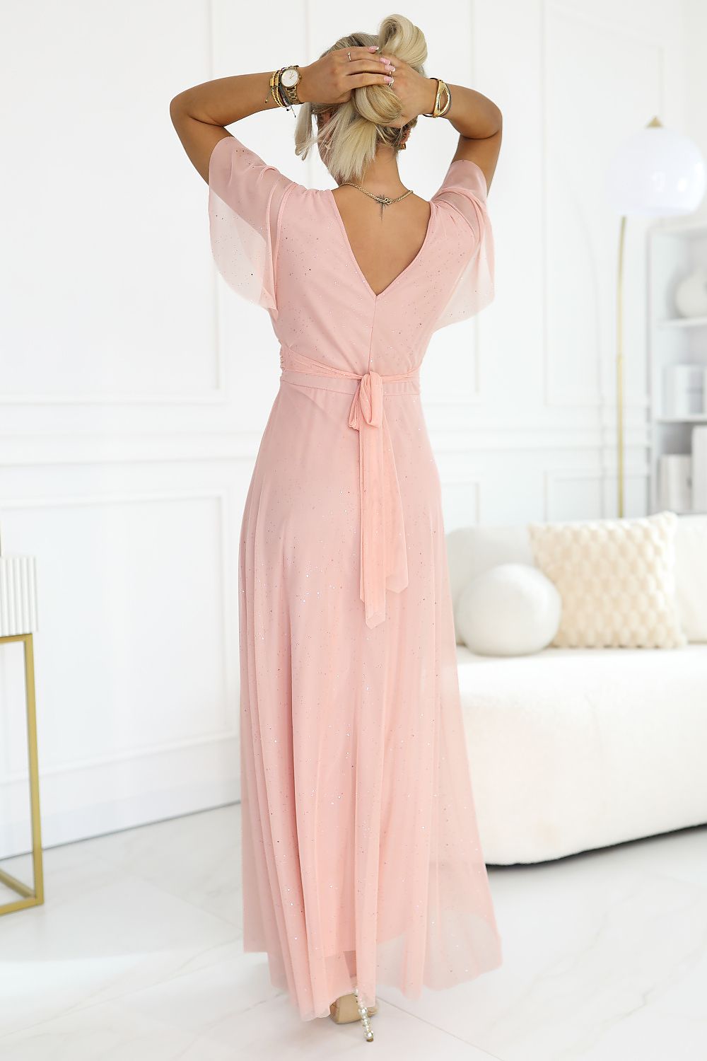 Damen Maxikleid Abendkleid mit V-Ausschnitt von Numoco Basic rosa Rückseite