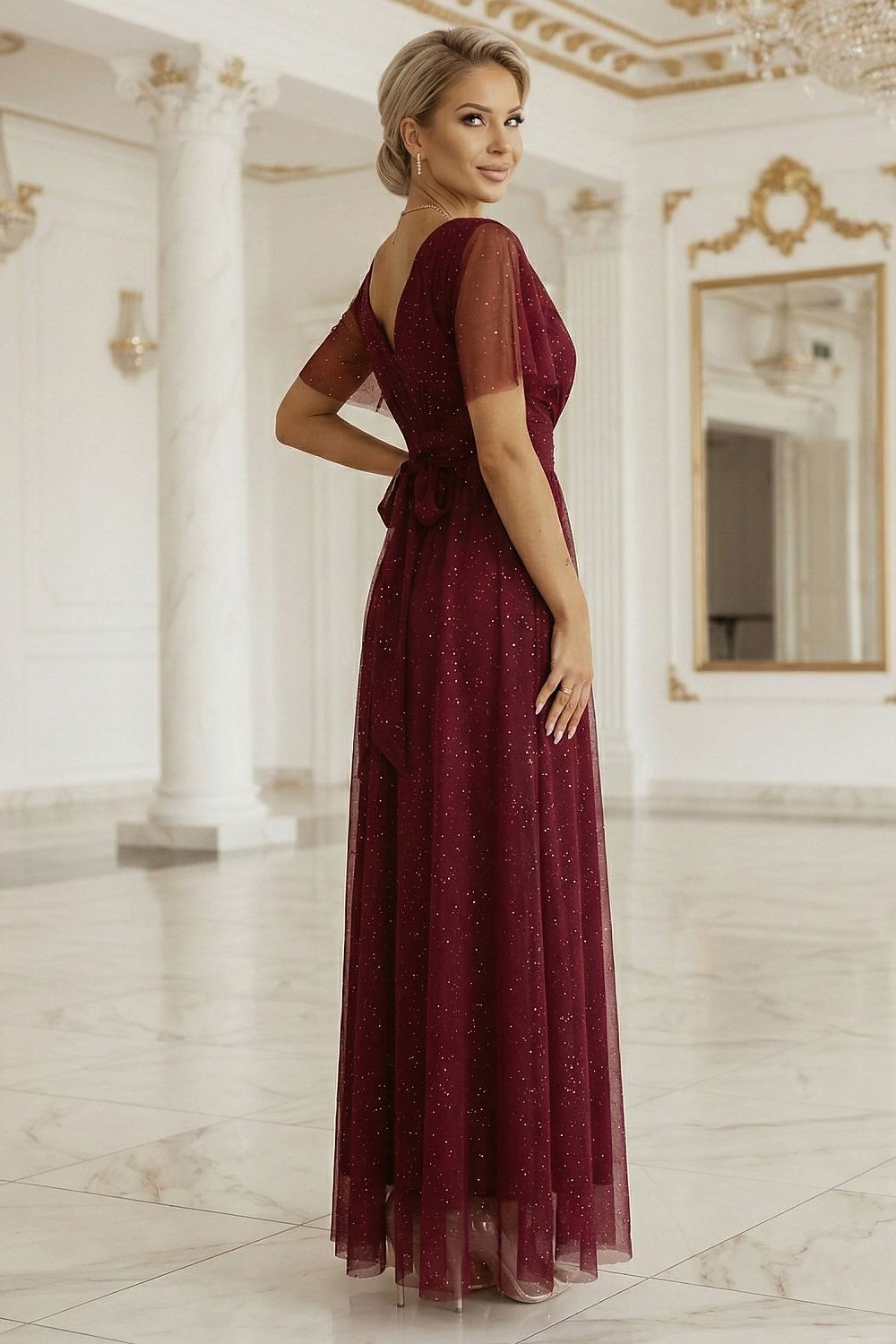 Damen Maxikleid Abendkleid mit V-Ausschnitt von Numoco Basic weinrot Seitenansicht