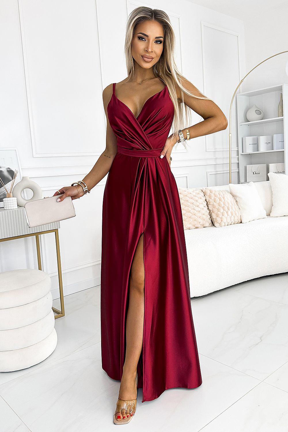 Damen Maxikleid aus Satin von Numoco weinrot