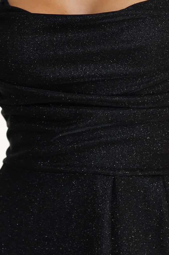 Damen Maxikleid mit Wasserfall Ausschnitt von Numoco schwarz Glitzer Ausschnitt