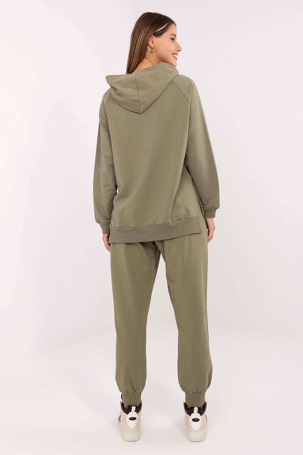 Damen Oversize Hoodie, Kängurutasche, Seitenschlitze & Baumwolle von Relevance olivgrün Rückseite