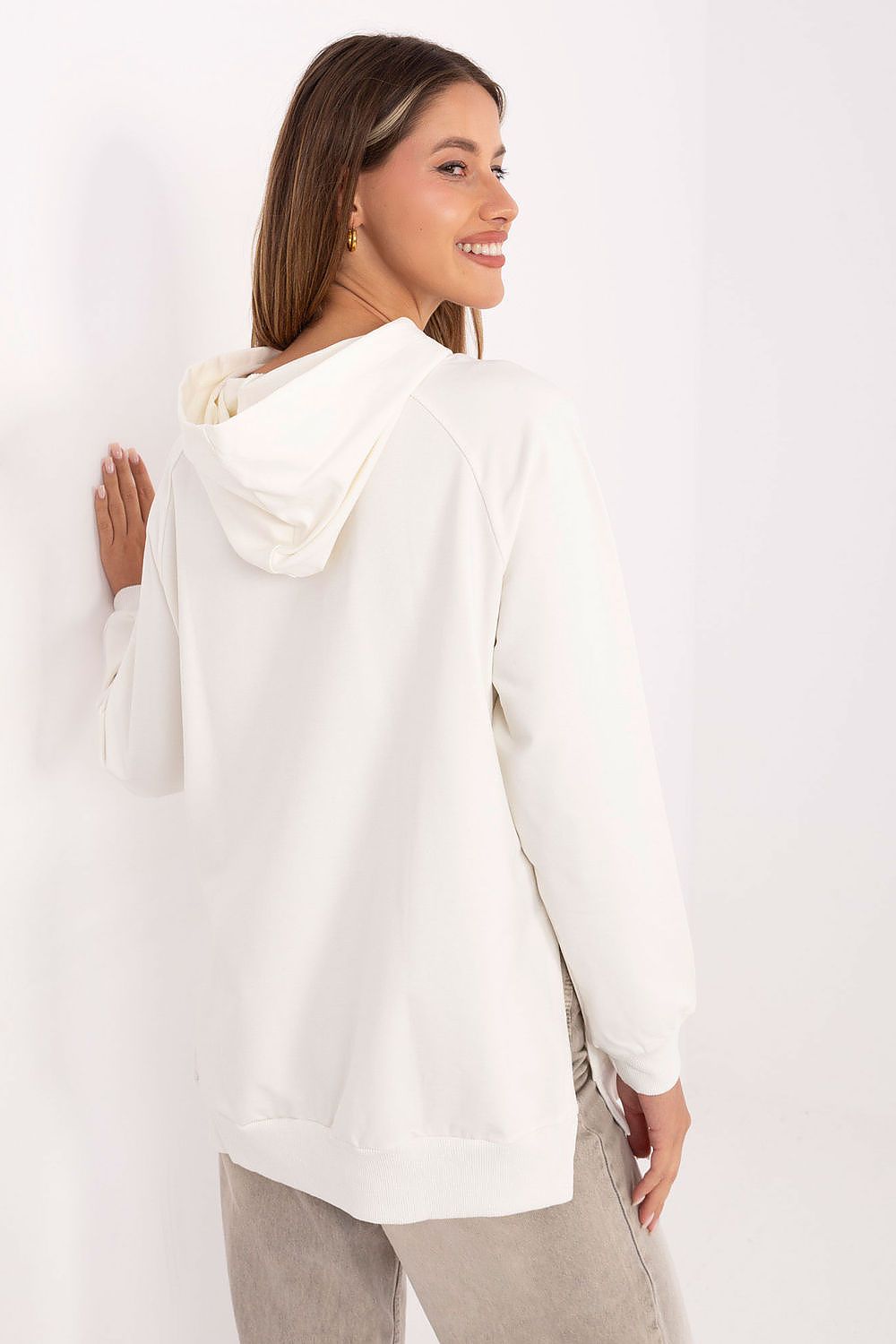 Damen Oversize Hoodie, Kängurutasche, Seitenschlitze & Baumwolle von Relevance weiß Rückseite