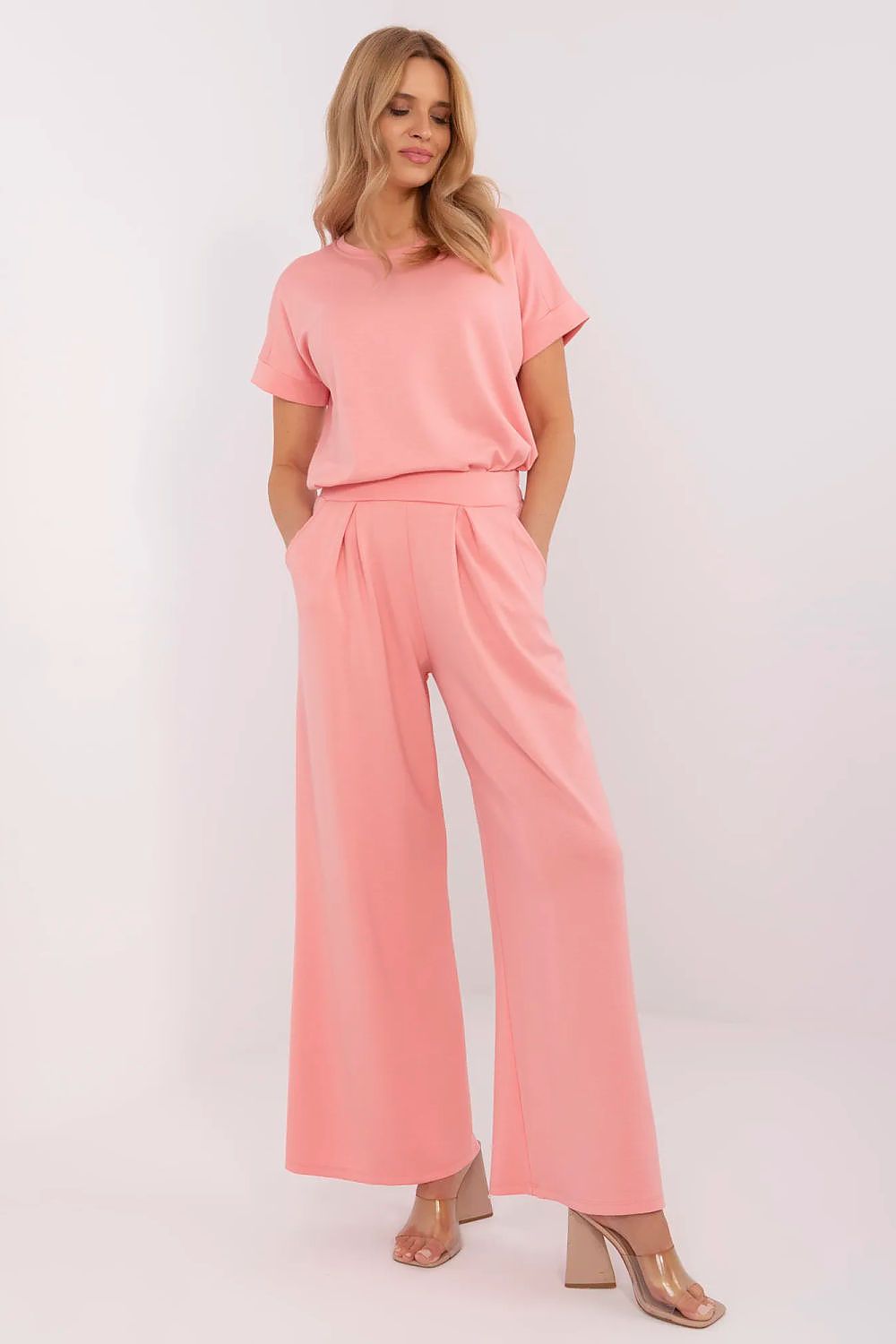 Damen Palazzo Sweatpants, High-Waist, breites Bein & Seitentaschen von Relevance rosa