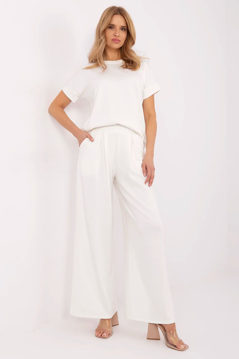 Damen Palazzo Sweatpants, High-Waist, breites Bein & Seitentaschen von Relevance weiß