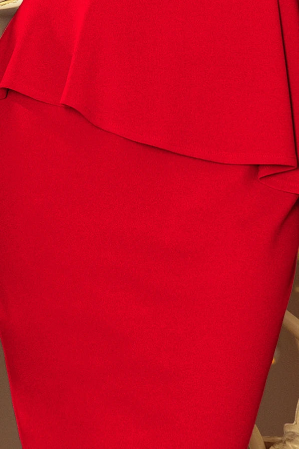 Damen Pencil Midikleid mit asymetrischem Schösschen von Numoco rot Detailausschnitt