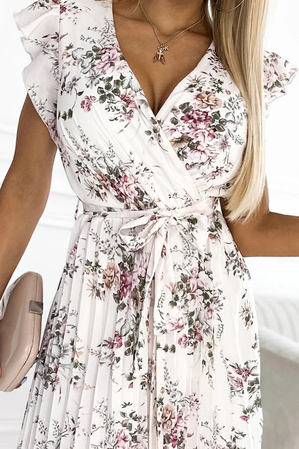 Damen Plissee Chiffonkleid mit Rüschenärmel von Numoco weiß Ausschnitt