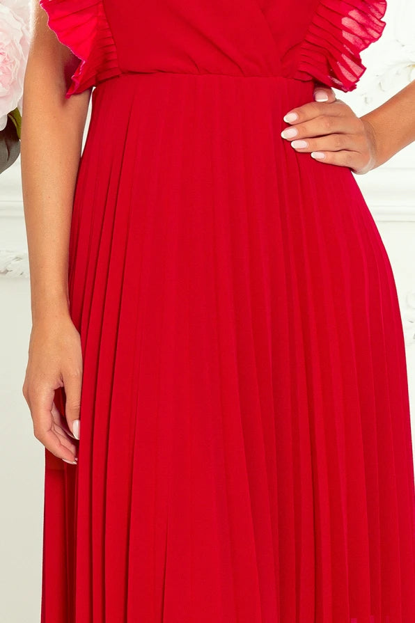Damen Plissee Maxikleid mit Rüschenärmel von Numoco rot Ausschnitt