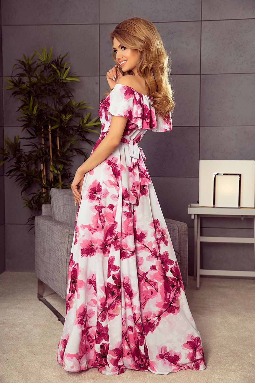 Damen Rüschen Maxikleid von Numoco rosa Rückseite