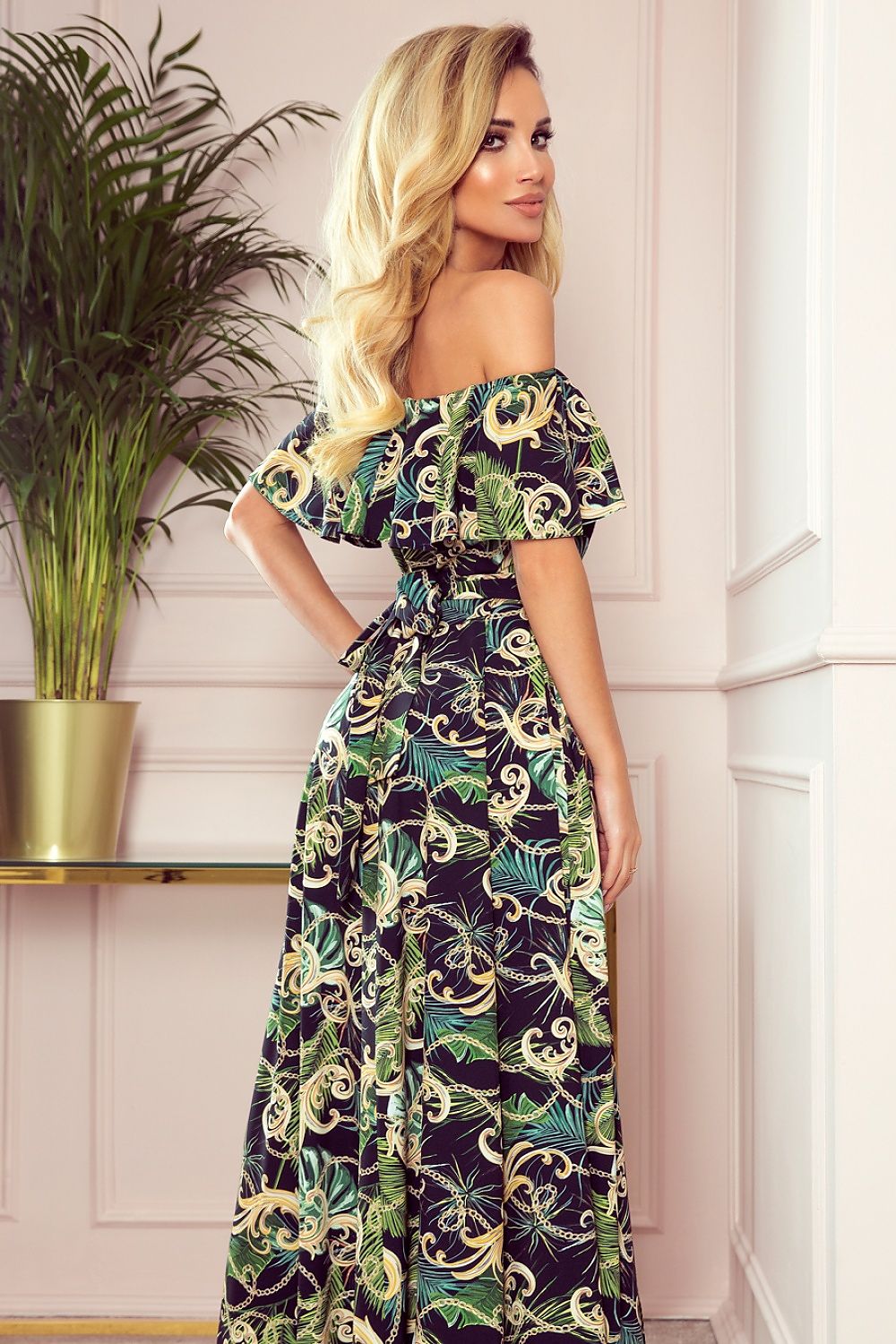 Damen Rüschen Maxikleid von Numoco grün Rückseite