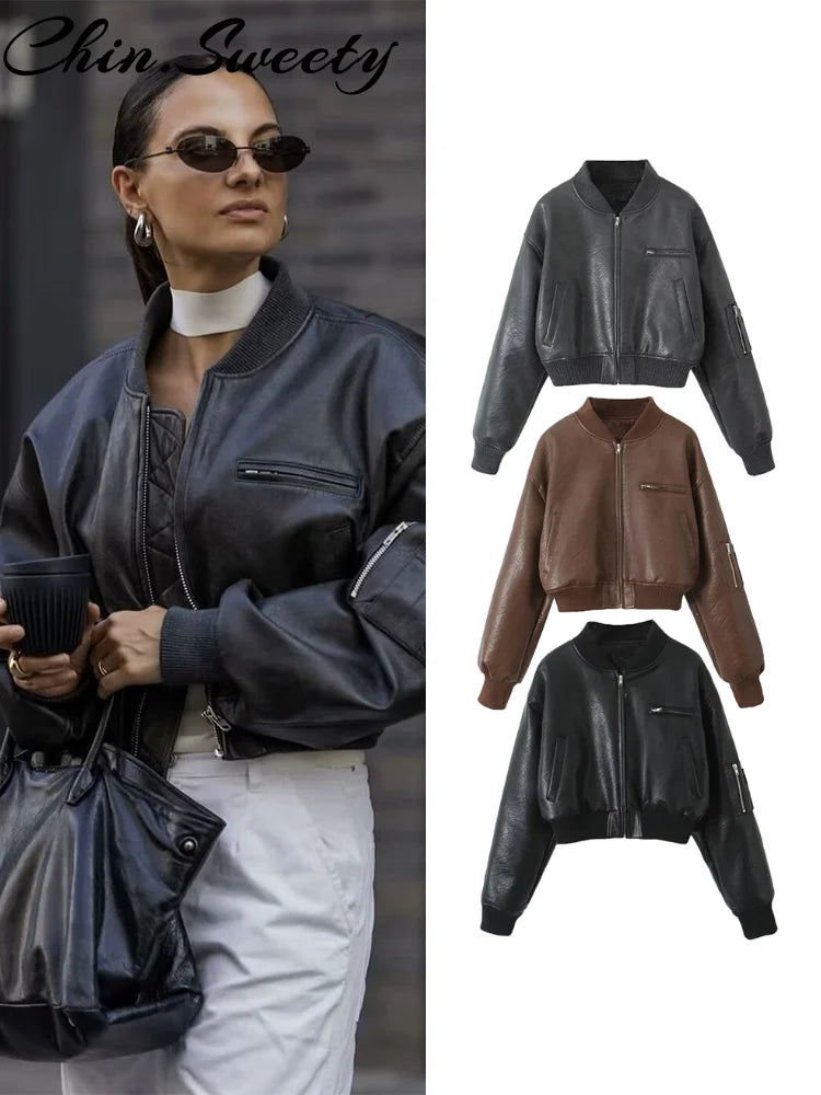 Damen Retro Crop Kunstleder Bomber Jacke