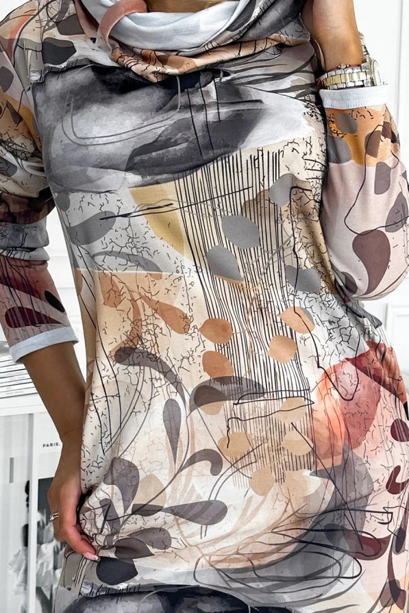 Damen Rollkragenkleid Alltagskleid Buntes Muster, elastisch & figurbetonend Numoco grau Detail Ansicht