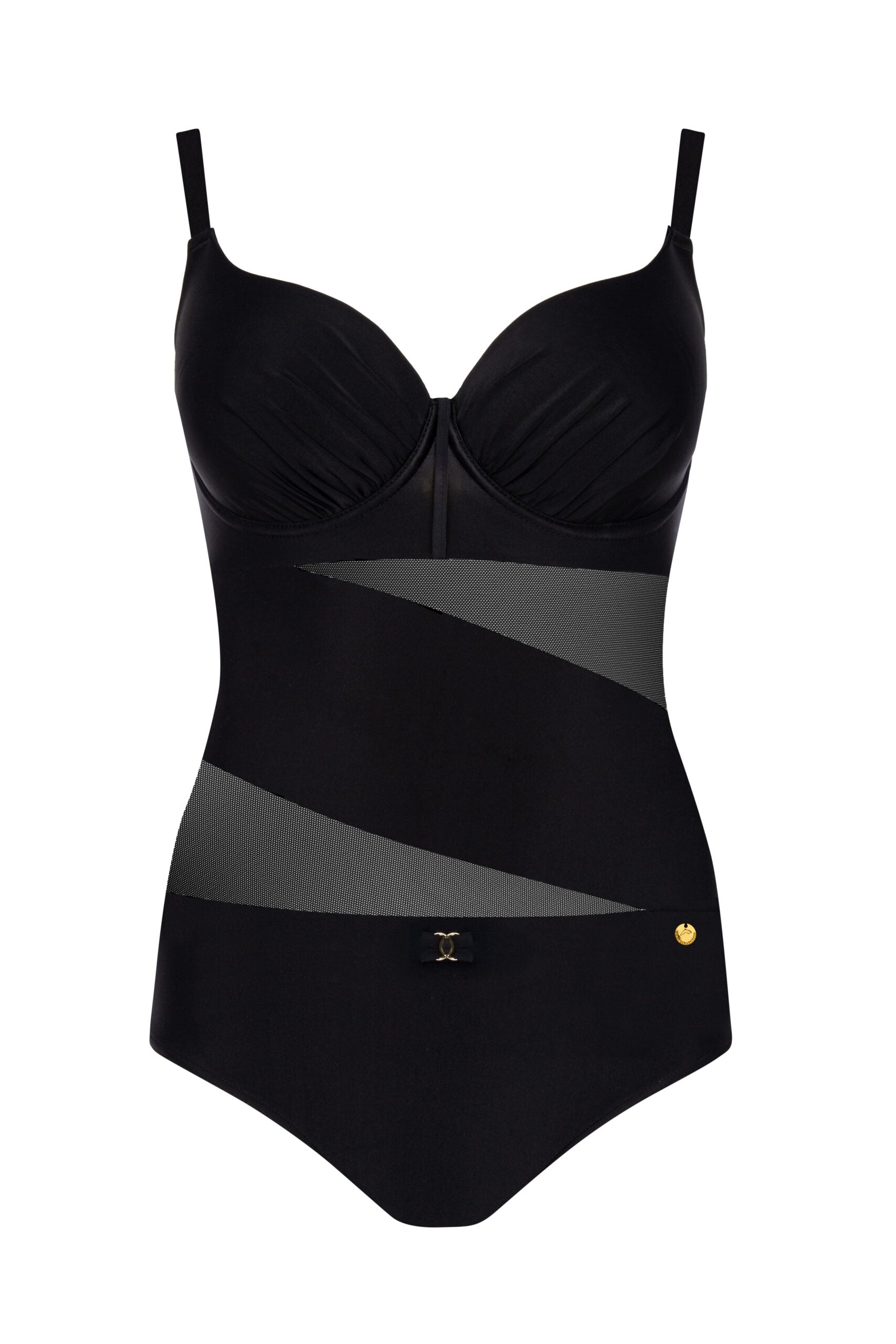 Damen Self Badeanzug Push-Up mit Bügel-Cups, Einschnitte & abnehmbare Träger von Barontex schwarz Vorderseite
