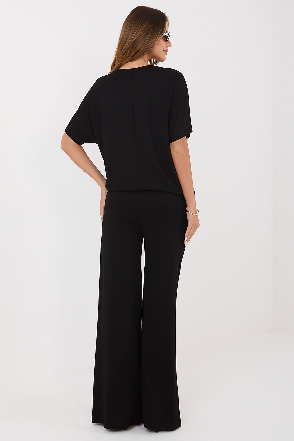 Damen Set Bluse & Hose Weite Beine, Rundhals & dekorative Knöpfe schwarz Relevance Rückenansicht