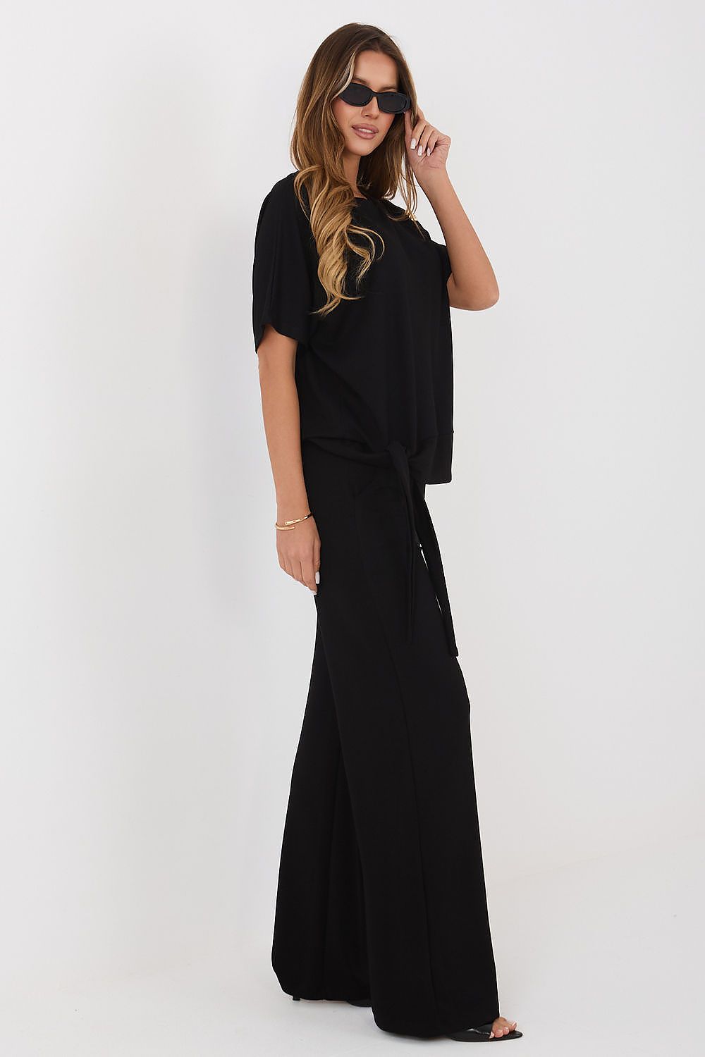Damen Set Bluse & Hose Weite Beine, Rundhals & dekorative Knöpfe schwarz Relevance Seitenansicht