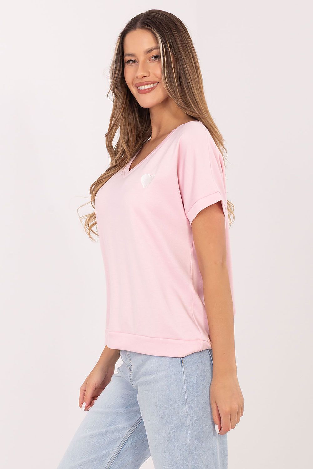 Damen Shirt mit V-Ausschnitt von Relevance rosa Seitenansicht