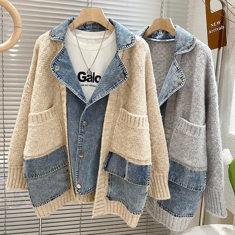 Damen Spleißen Denim Jeans Strickjacke