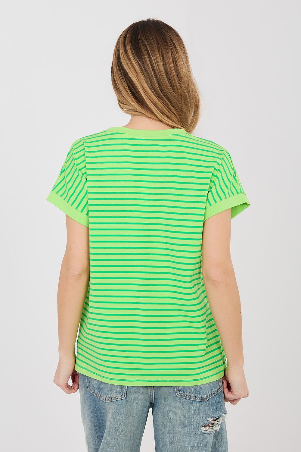 Damen Streifen T-Shirt mit V-Ausschnitt von Relevance grün Rückseite