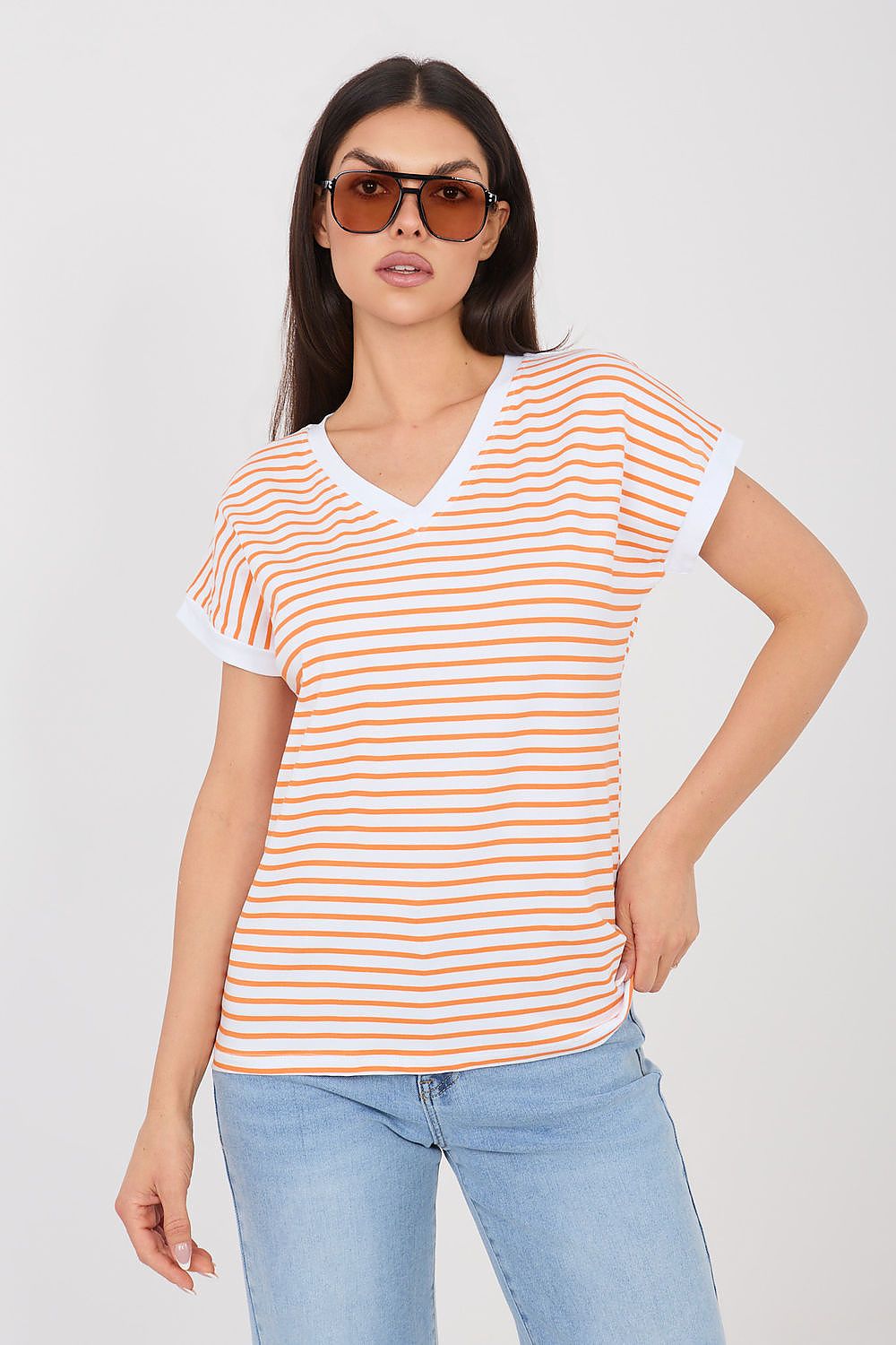 Damen Streifen T-Shirt mit V-Ausschnitt von Relevance orange