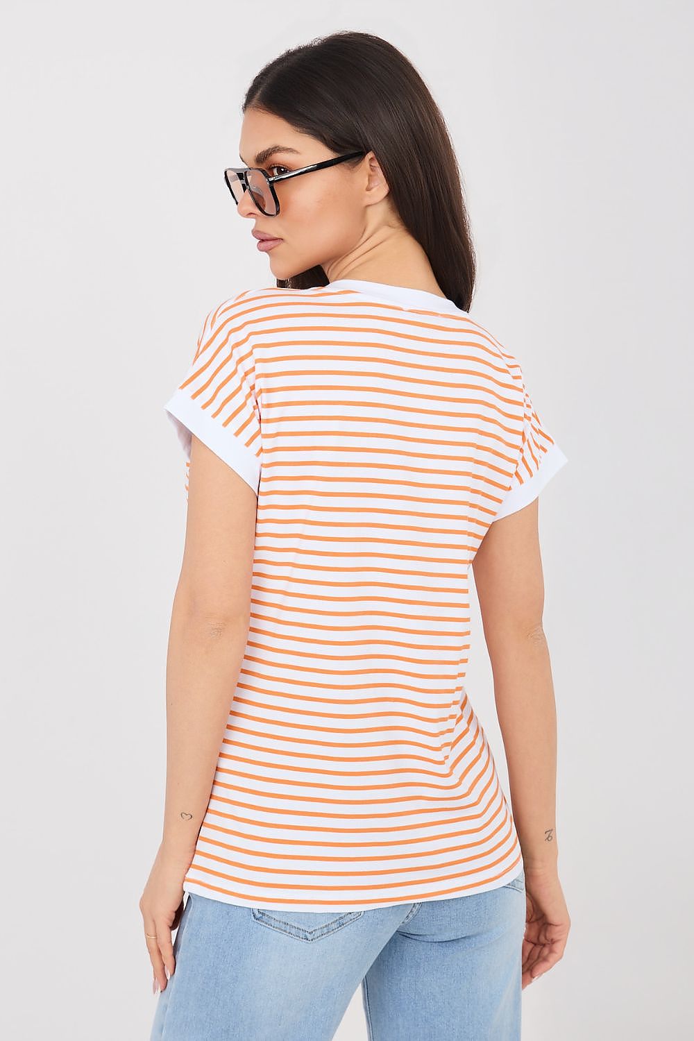 Damen Streifen T-Shirt mit V-Ausschnitt von Relevance orange Rückseite
