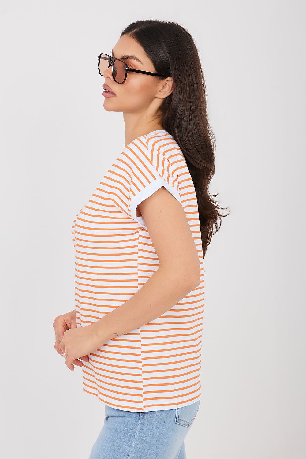 Damen Streifen T-Shirt mit V-Ausschnitt von Relevance orange Seitenansicht