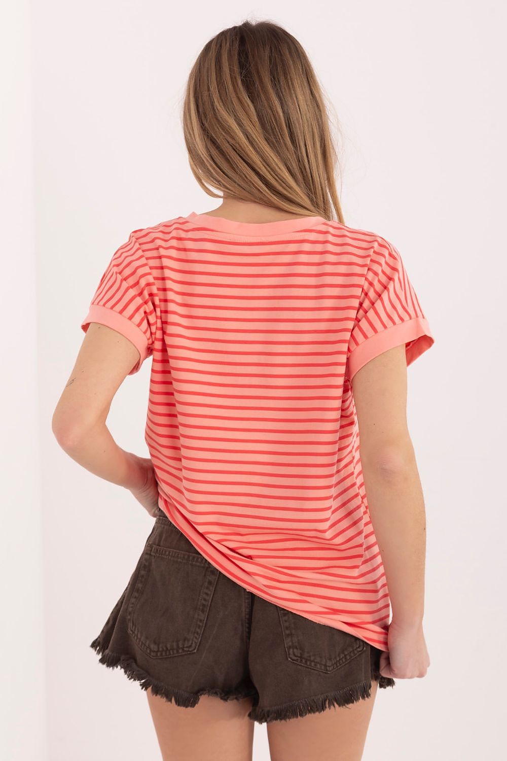 Damen Streifen T-Shirt mit V-Ausschnitt von Relevance rosa Rückseite