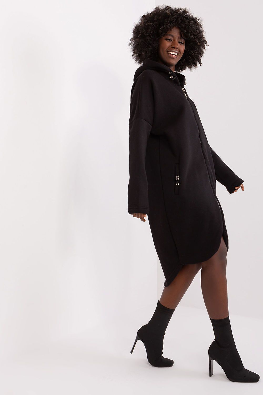 Damen Sweat-Mantel Longline Kapuze, Reißverschluss & Eingrifftaschen – Baumwolle Relevance Seitenansicht schwarz