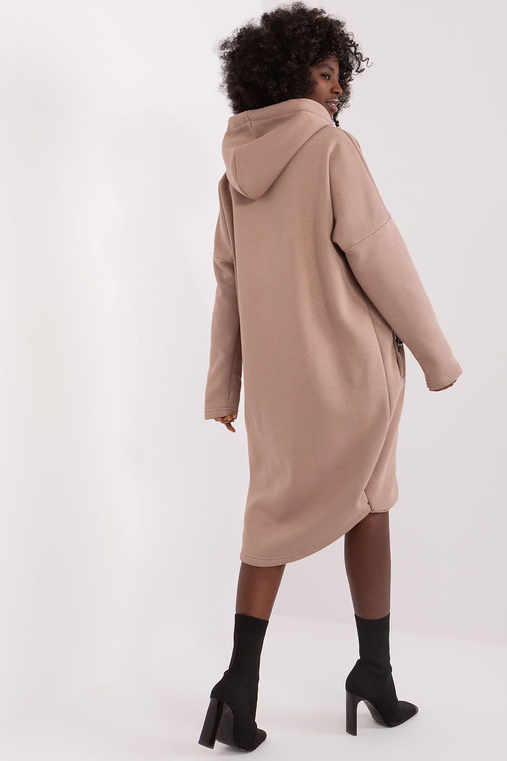 Damen Sweat-Mantel Longline Kapuze, Reißverschluss & Eingrifftaschen – Baumwolle Relevance beige Rückenansicht