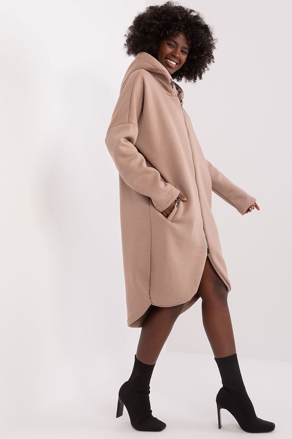 Damen Sweat-Mantel Longline Kapuze, Reißverschluss & Eingrifftaschen – Baumwolle Relevance beige Seitenansicht