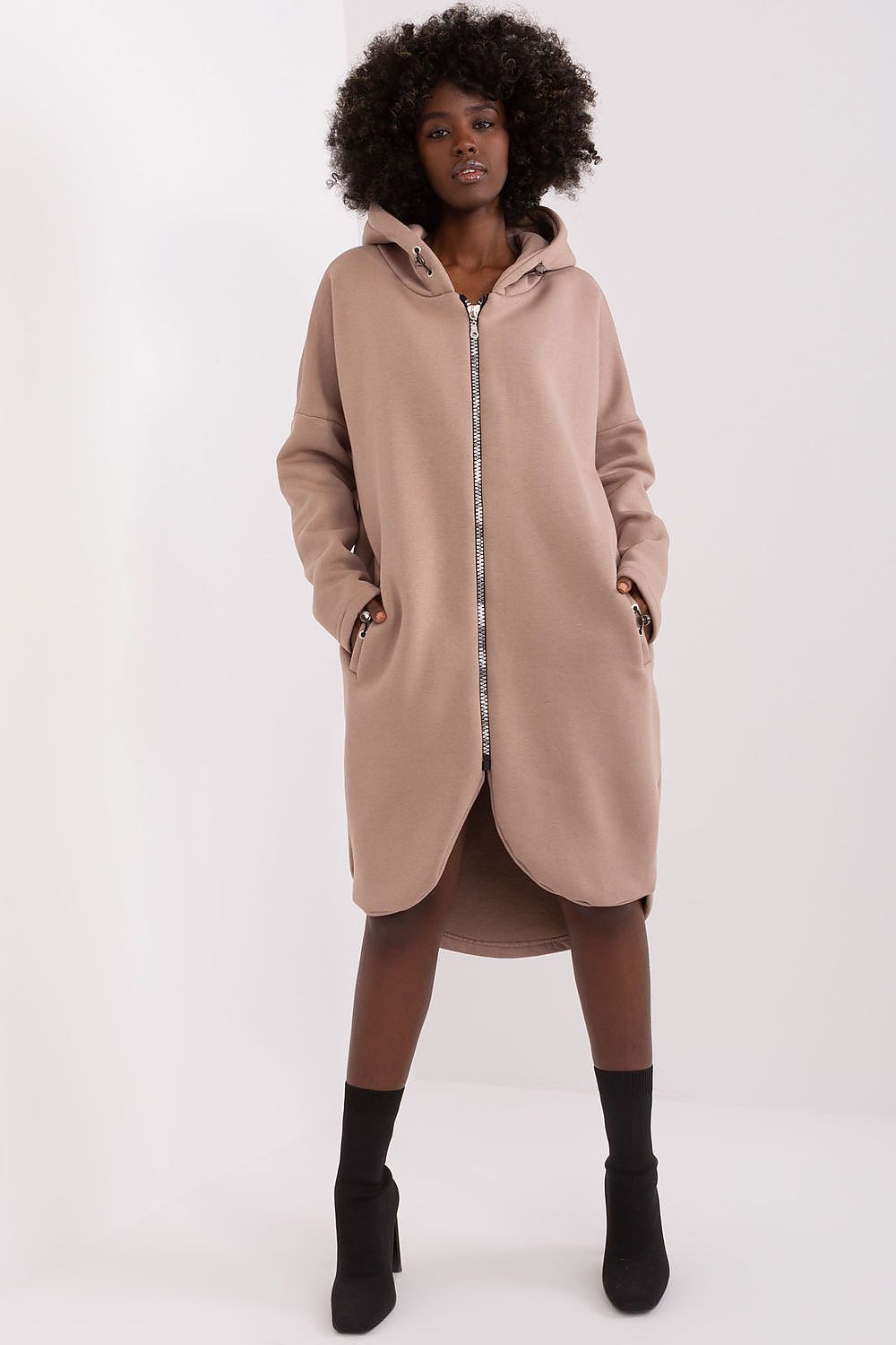 Damen Sweat-Mantel Longline Kapuze, Reißverschluss & Eingrifftaschen – Baumwolle Relevance beige Vorderansicht