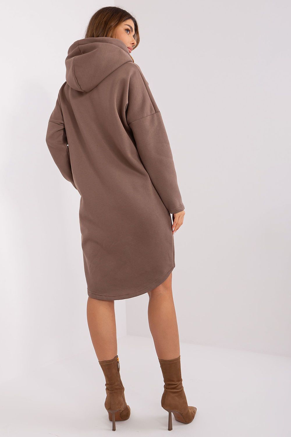 Damen Sweat-Mantel Longline Kapuze, Reißverschluss & Eingrifftaschen – Baumwolle Relevance braun Rückenansicht