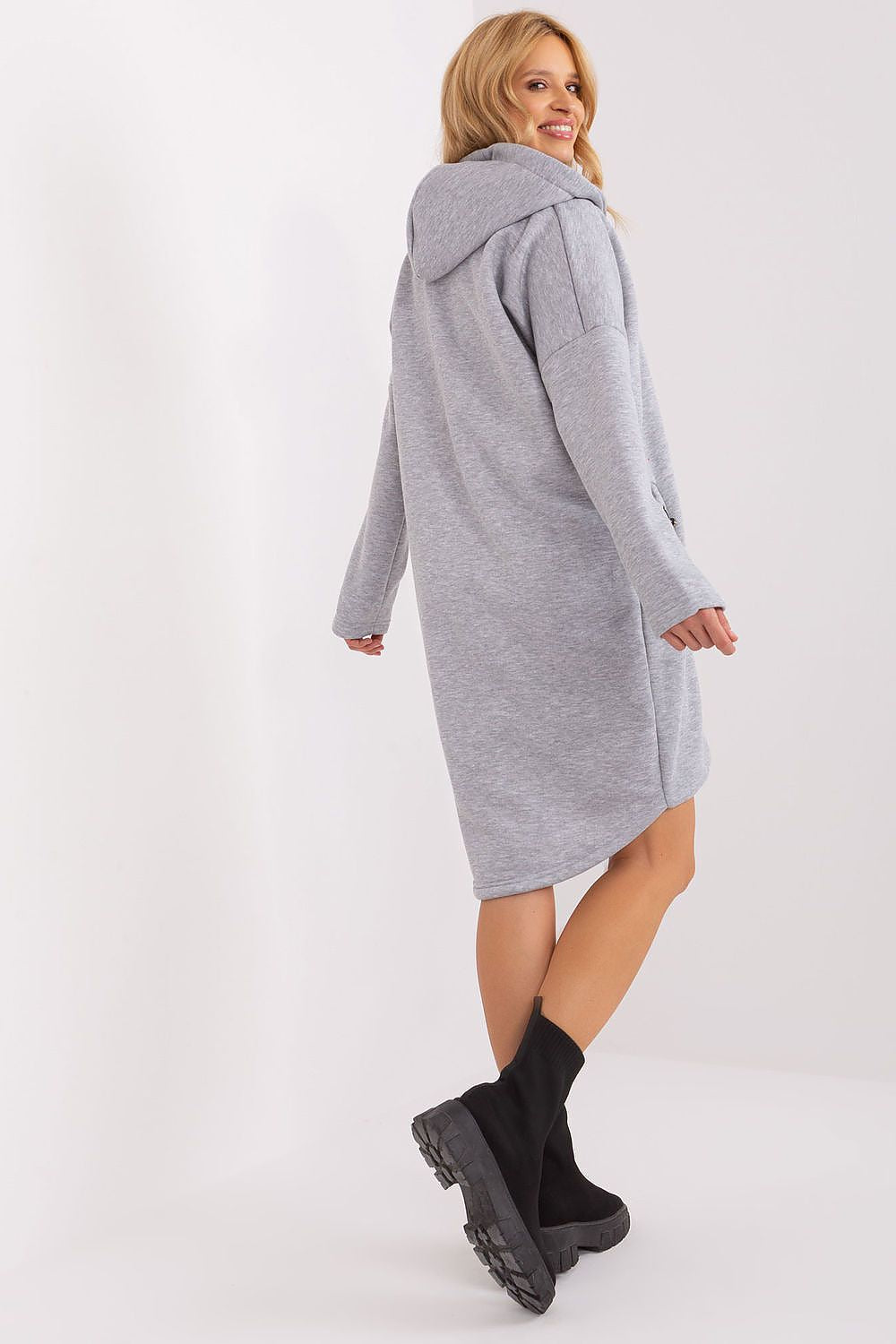 Damen Sweat-Mantel Longline Kapuze, Reißverschluss & Eingrifftaschen – Baumwolle Relevance grau Rückseite