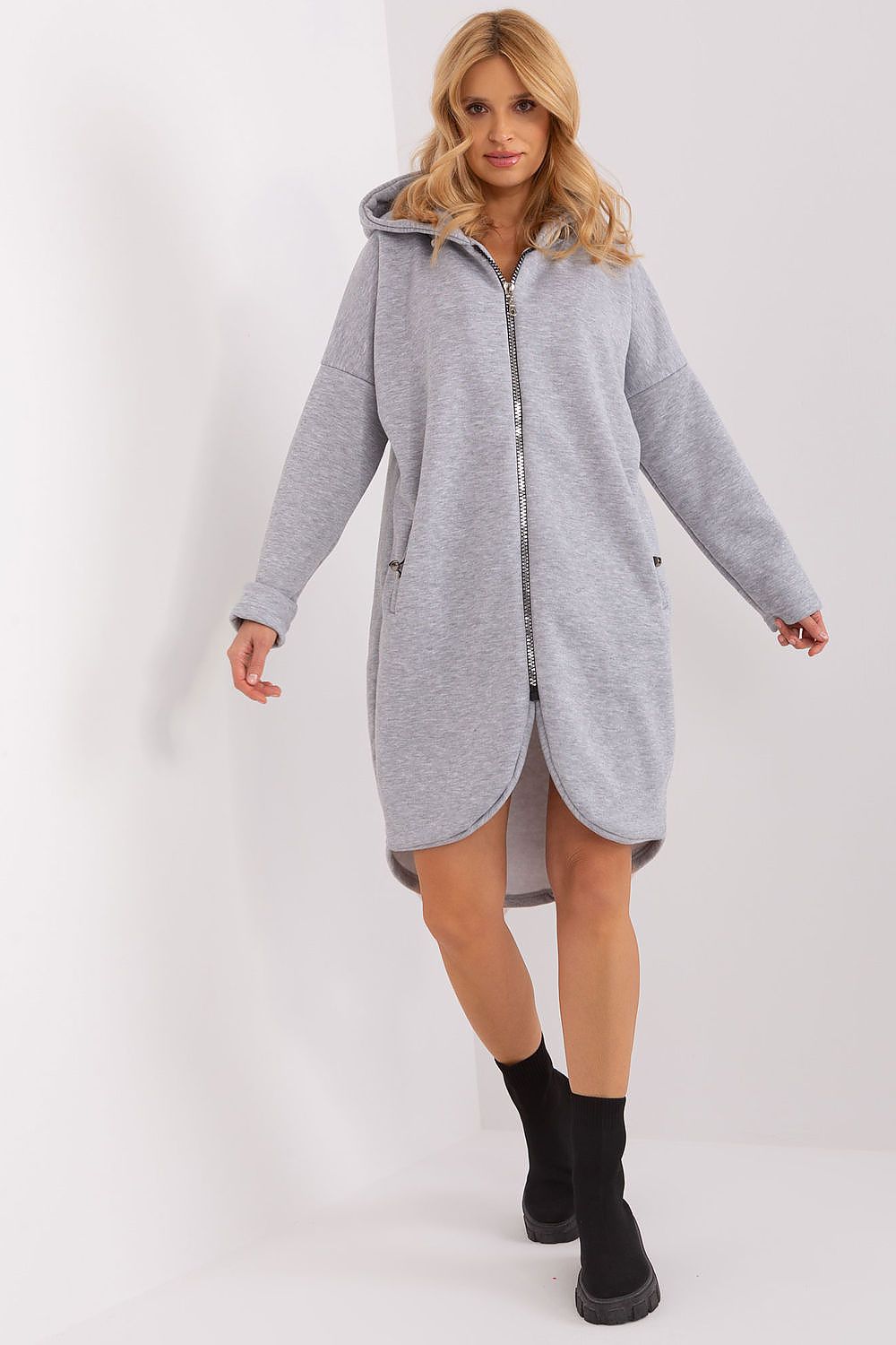 Damen Sweat-Mantel Longline Kapuze, Reißverschluss & Eingrifftaschen – Baumwolle Relevance grau Vorderansicht