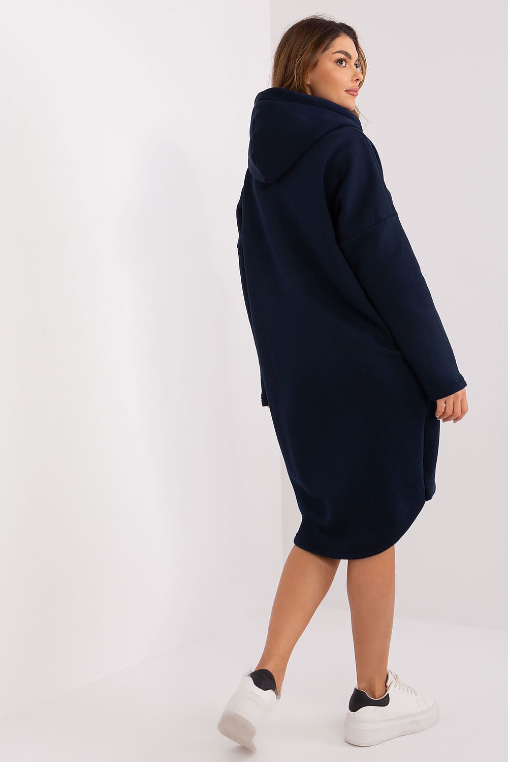 Damen Sweat-Mantel Longline Kapuze, Reißverschluss & Eingrifftaschen – Baumwolle Relevance marineblau Rückenansicht