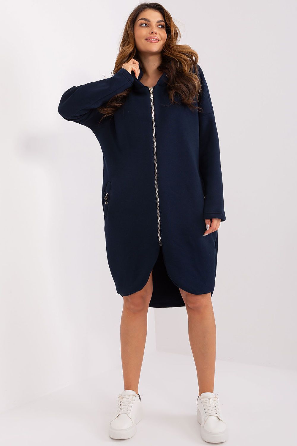 Damen Sweat-Mantel Longline Kapuze, Reißverschluss & Eingrifftaschen – Baumwolle Relevance marineblau Vorderseite