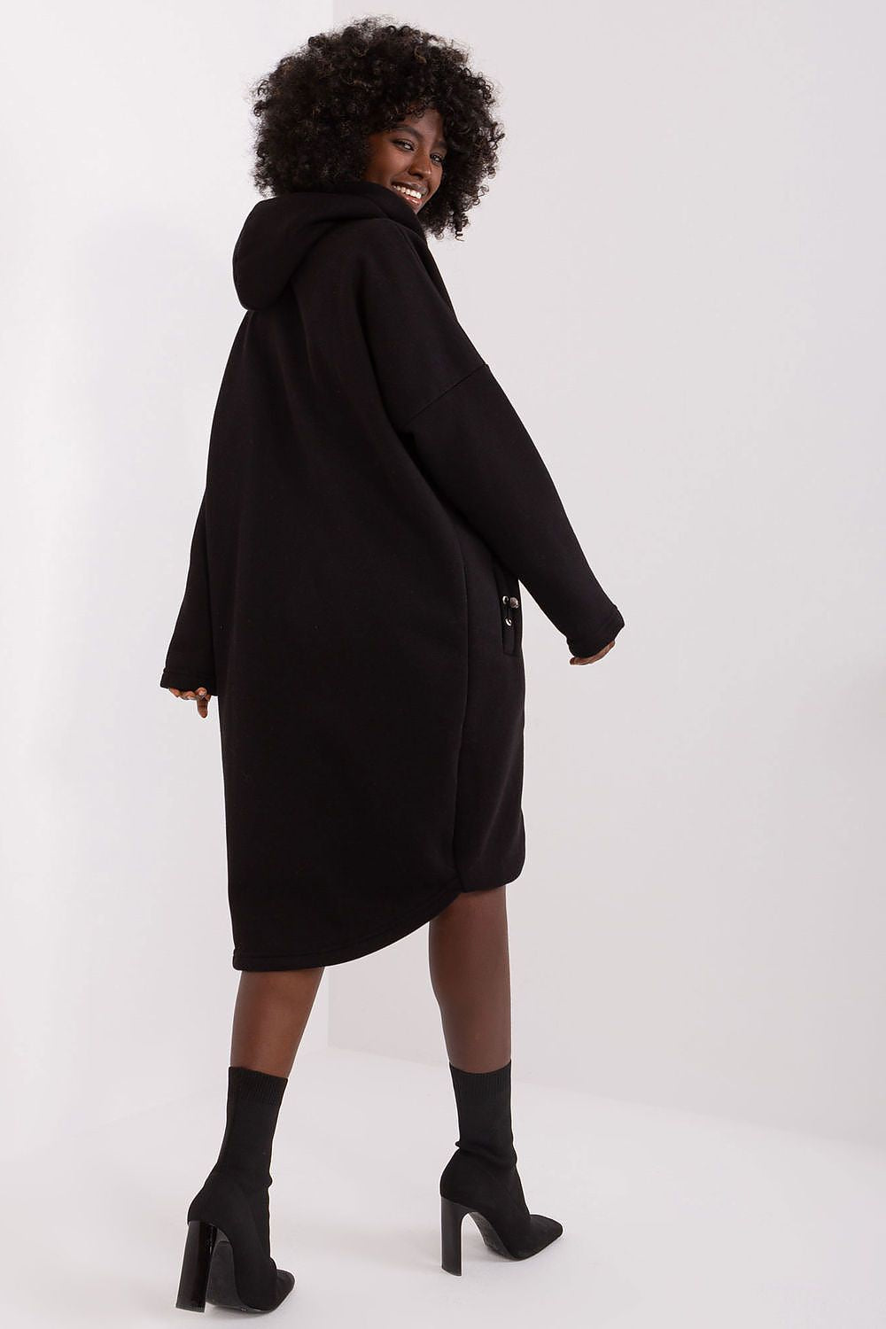 Damen Sweat-Mantel Longline Kapuze, Reißverschluss & Eingrifftaschen – Baumwolle Relevance schwarz Rückenansicht