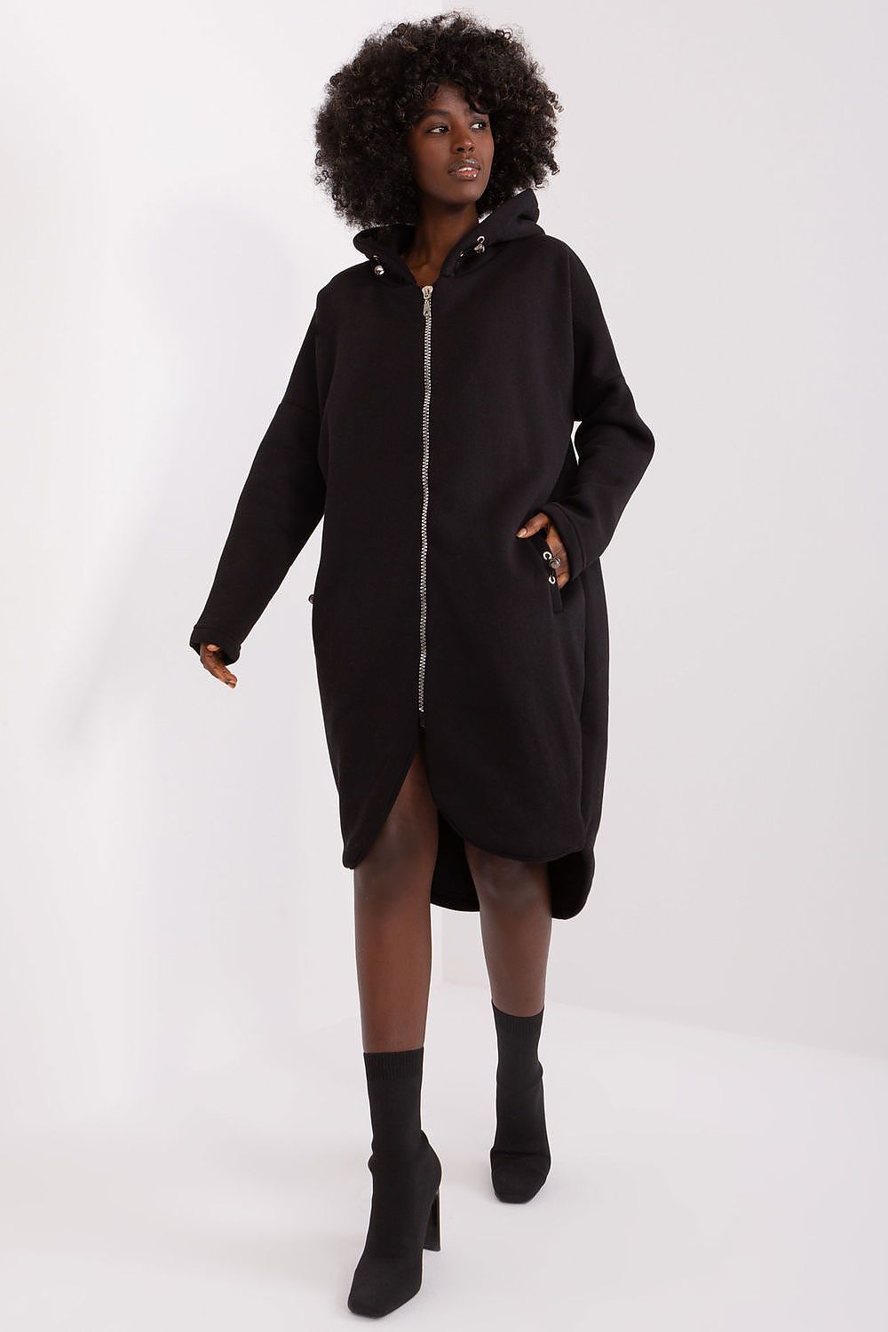 Damen Sweat-Mantel Longline Kapuze, Reißverschluss & Eingrifftaschen – Baumwolle Relevance schwarz Vorderansicht