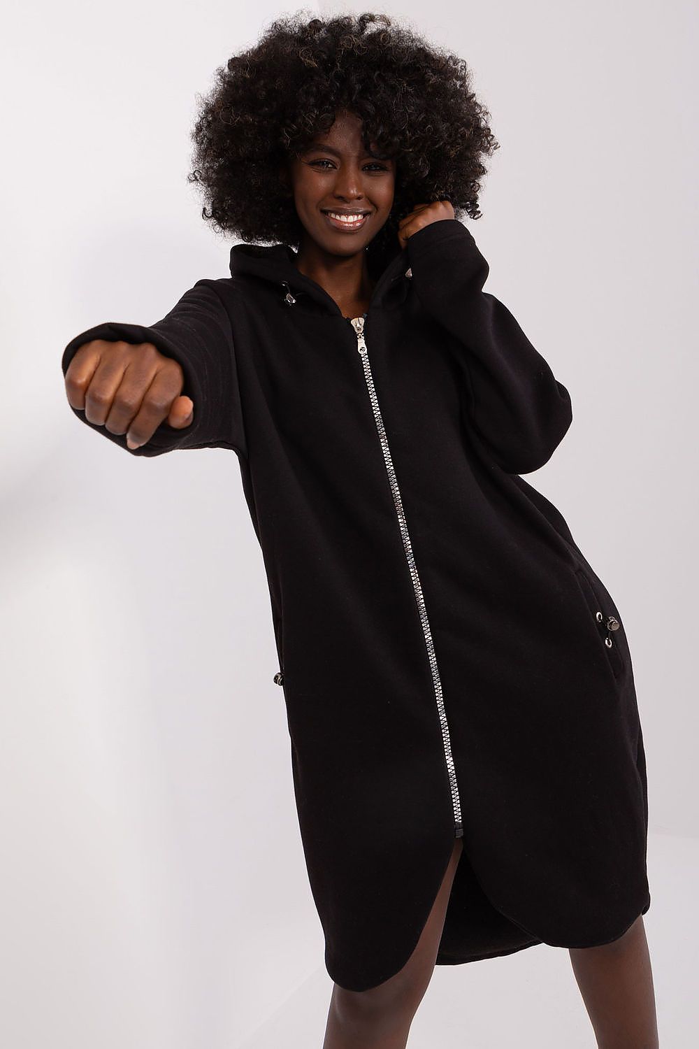 Damen Sweat-Mantel Longline Kapuze, Reißverschluss & Eingrifftaschen – Baumwolle Relevance schwarz Vorderseite