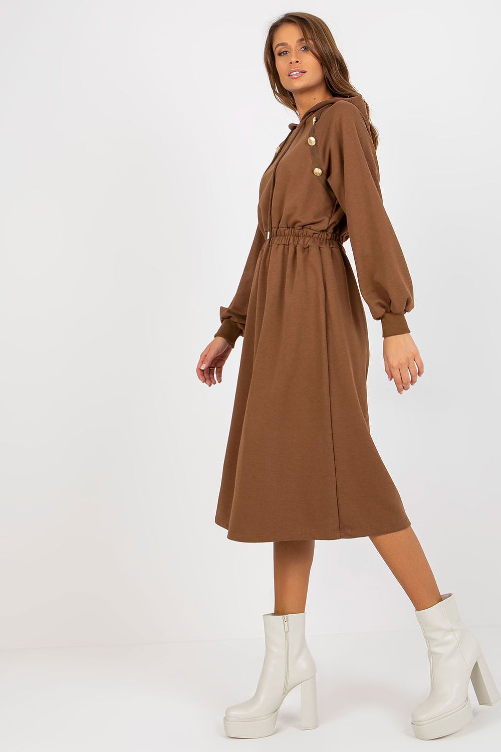 Damen Sweater Kleid mit Kapuze Alltagskleid Relevance braun Seitenansicht