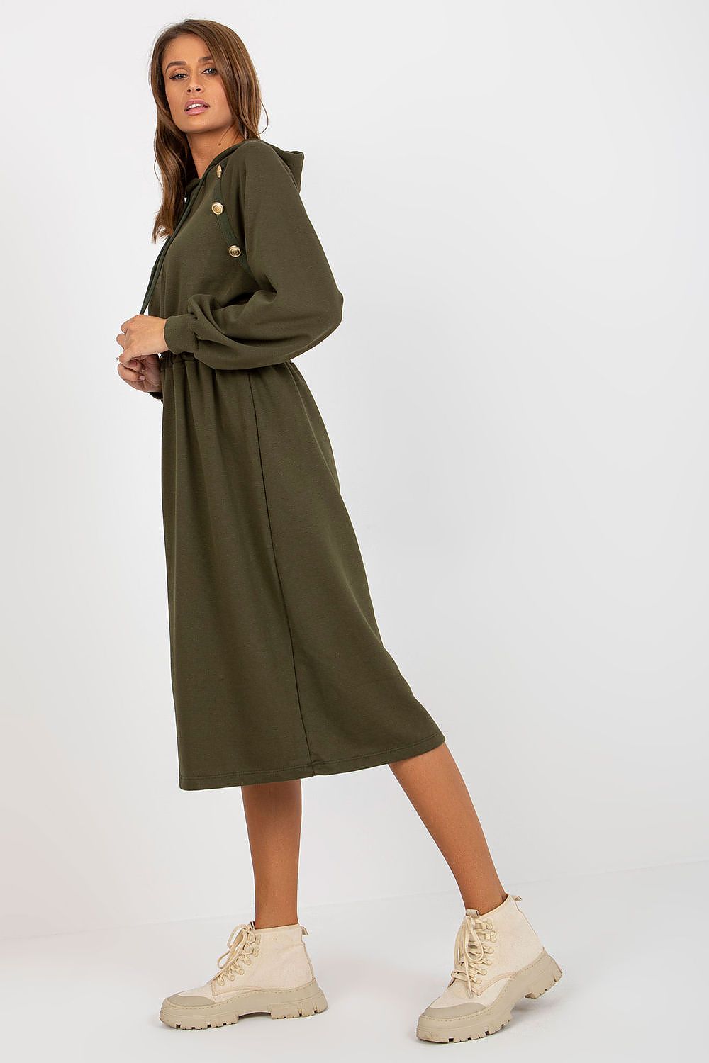 Damen Sweater Kleid mit Kapuze Alltagskleid Relevance olivgrün Seitenansicht