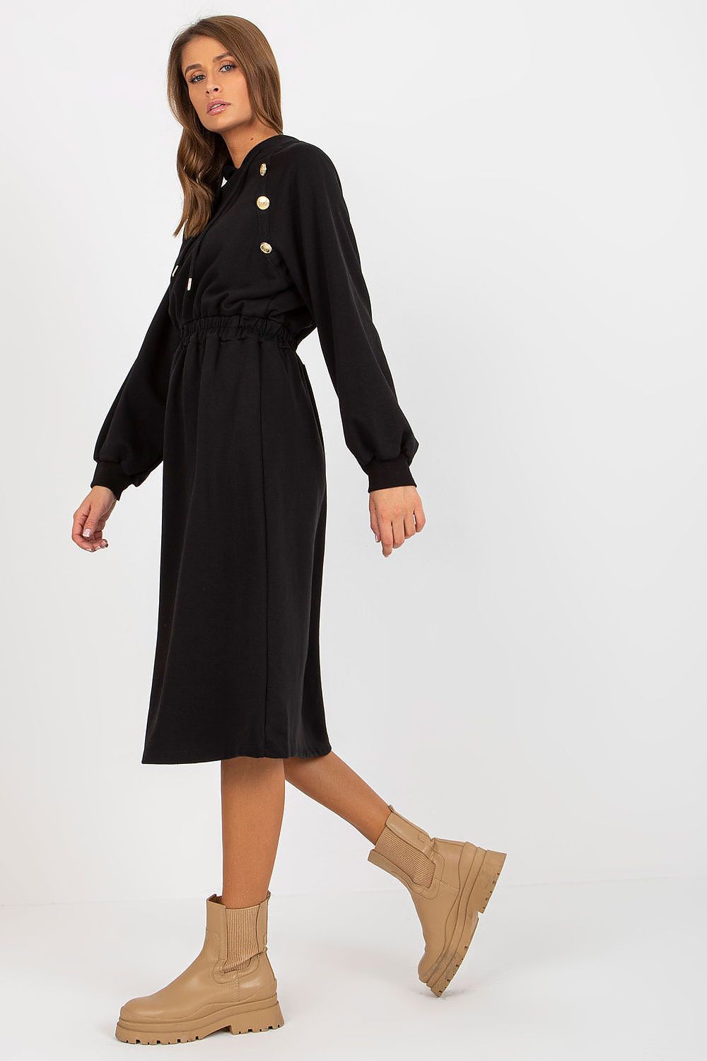 Damen Sweater Kleid mit Kapuze Alltagskleid Relevance schwarz Seitenansicht