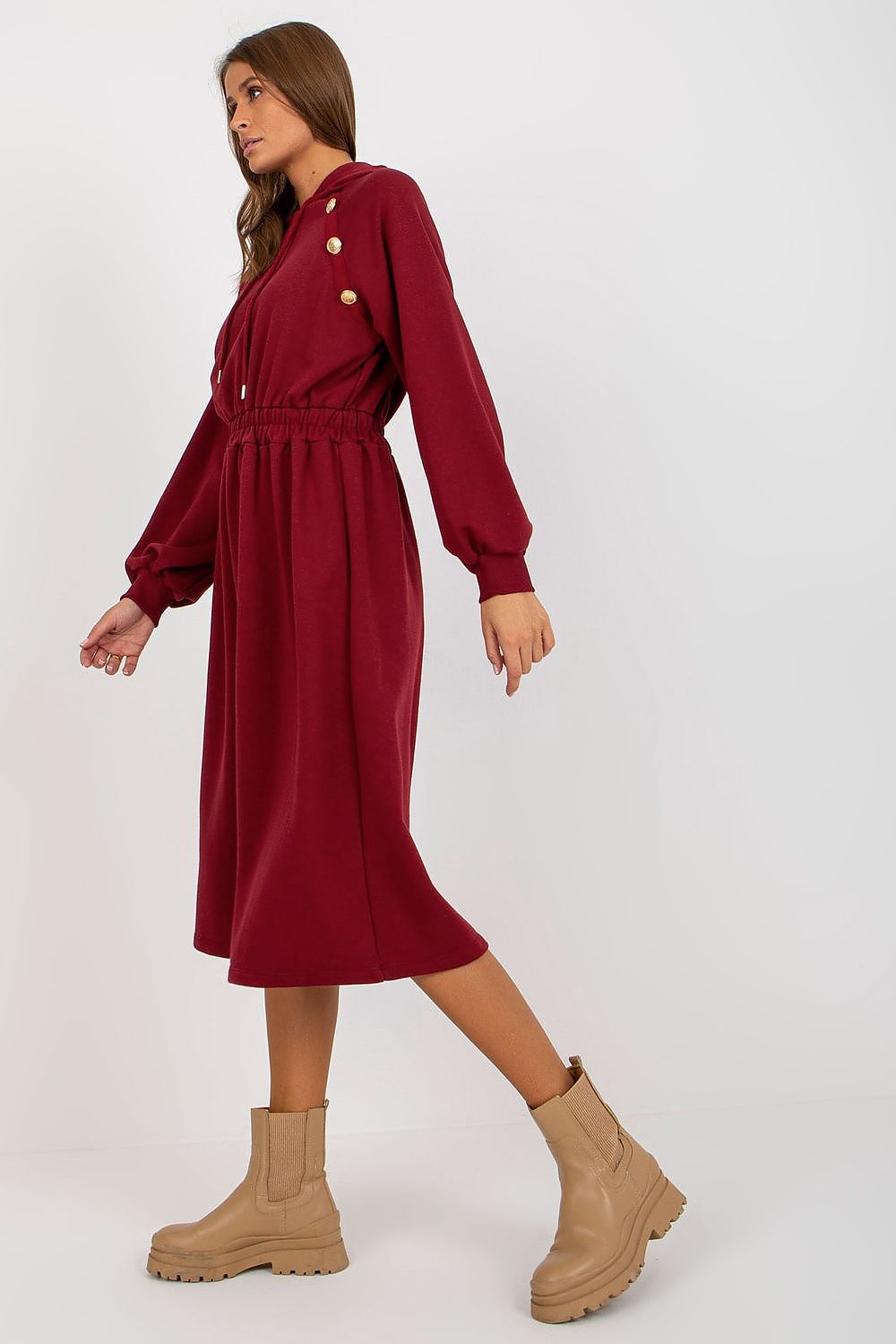 Damen Sweater Kleid mit Kapuze Alltagskleid Relevance weinrot Seitenansicht