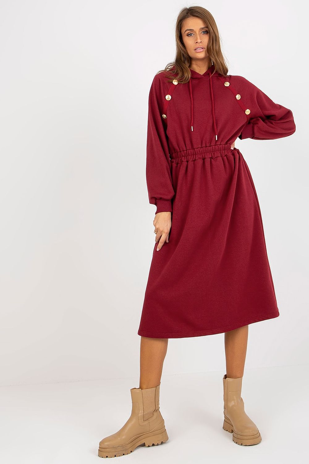 Damen Sweater Kleid mit Kapuze Alltagskleid Relevance weinrot Vorderseite