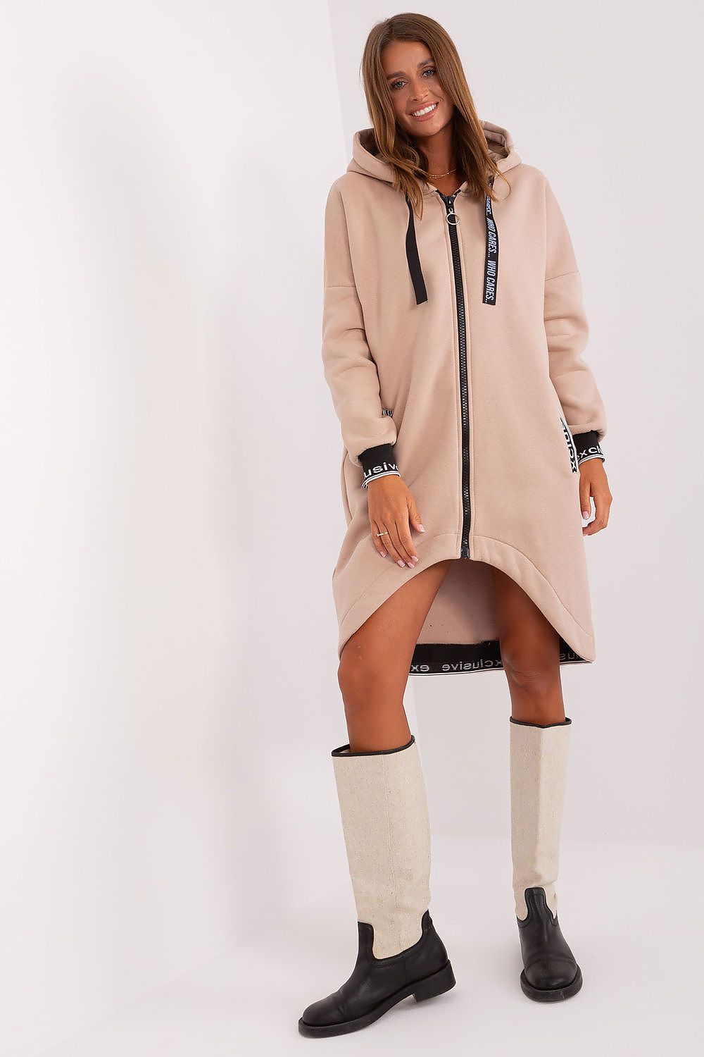 Damen Sweater Mantel mit Kapuze beige Vorderseite von Relevance 